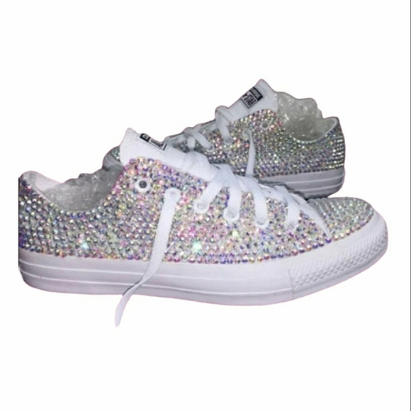 Bling Low Top Converse Shoes Womens Sneakers Bedazzled with Rhienstones - Picture 1 of 5